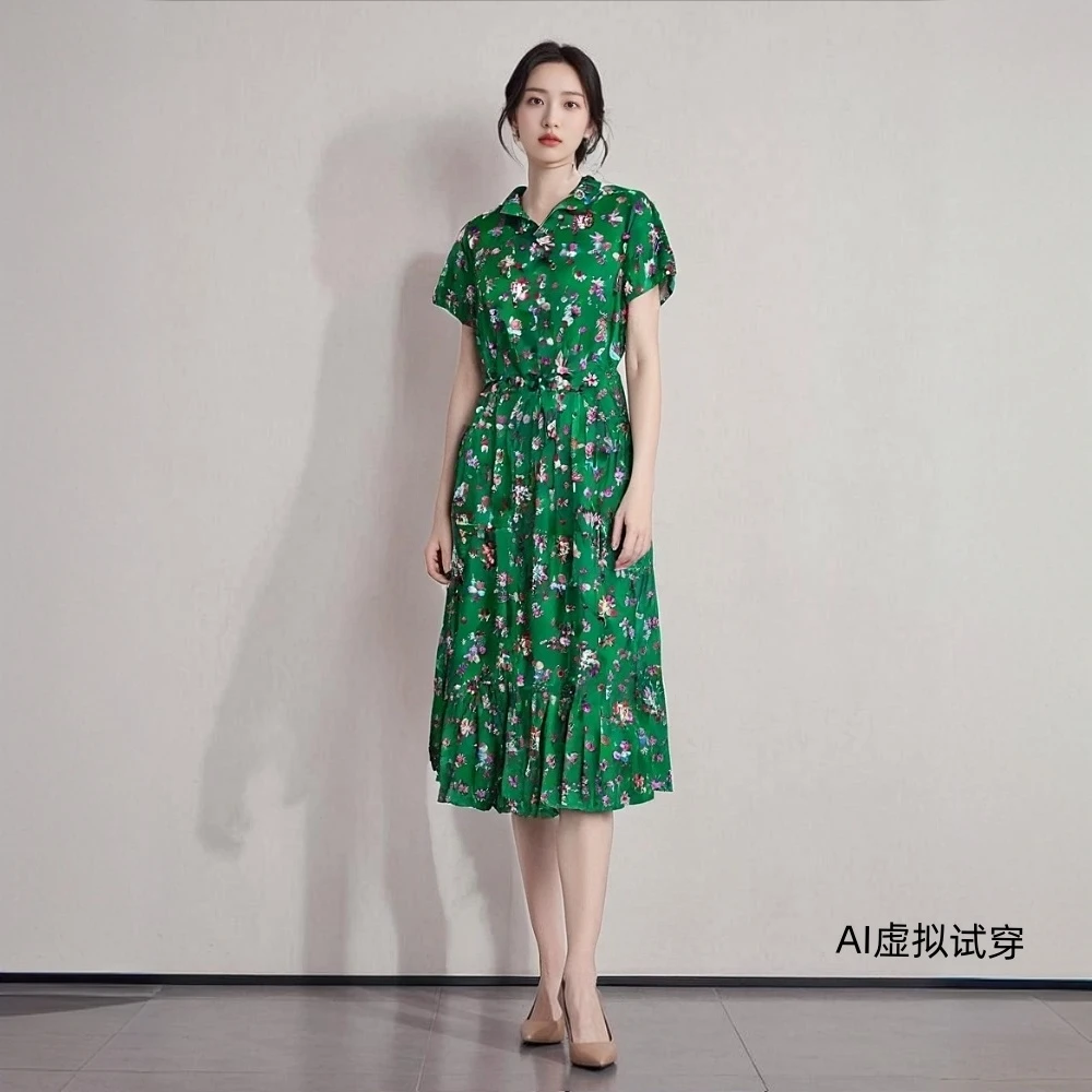 短袖夏印花绿色印花棉麻布连衣长裙气质
