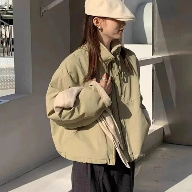 羊羔毛短款派克服女2025年冬款韩系休闲冲锋衣宽松小个子加厚保暖