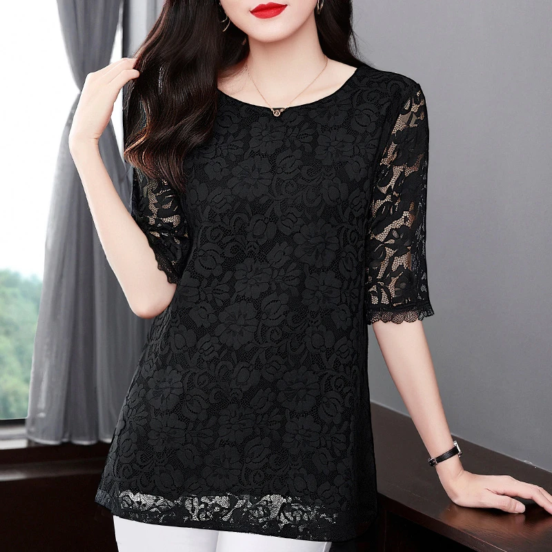 中袖上衣女七分袖蕾丝衫2025新款春大码女装胖mm宽松中长款打底衫