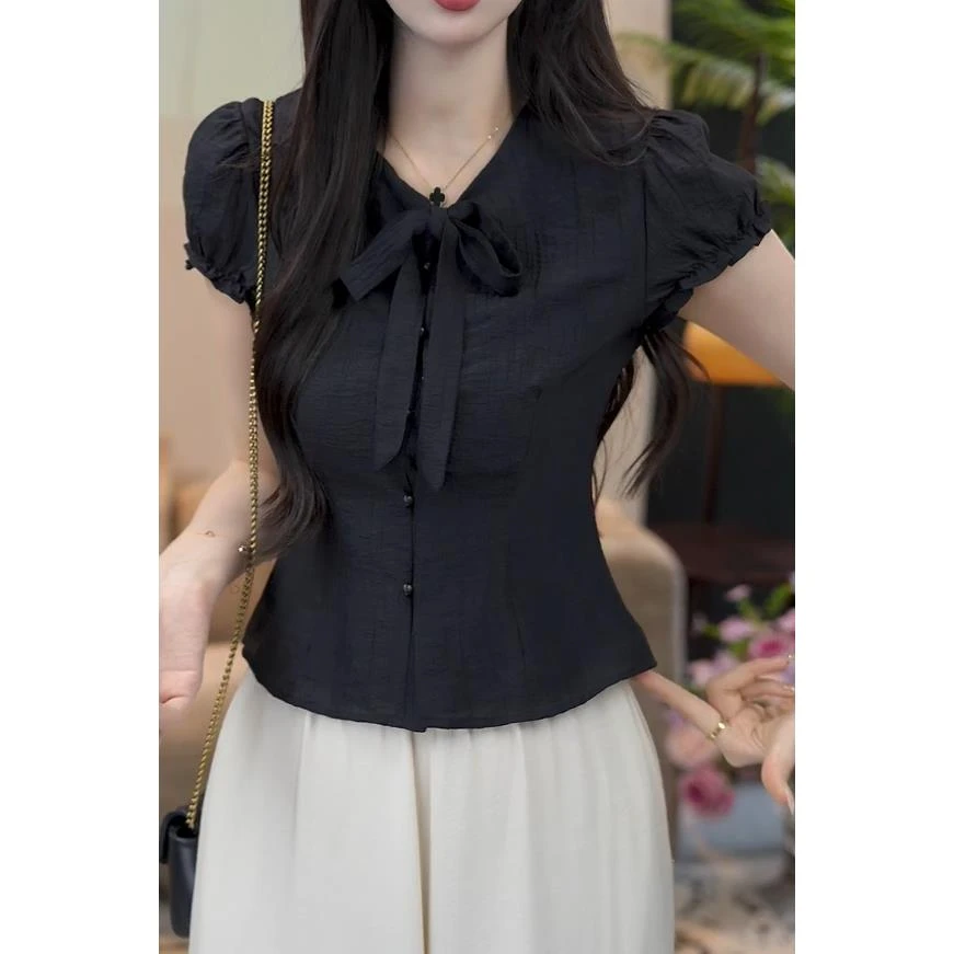黑色法式设计复古泡泡衬衫女装夏季新款气质短袖显瘦短款上衣外搭