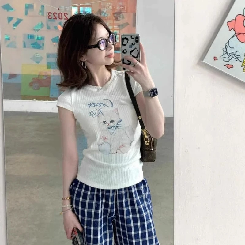 小众白色时尚夏季原版坑条美式复古可爱猫咪减龄短袖T恤女夏显瘦