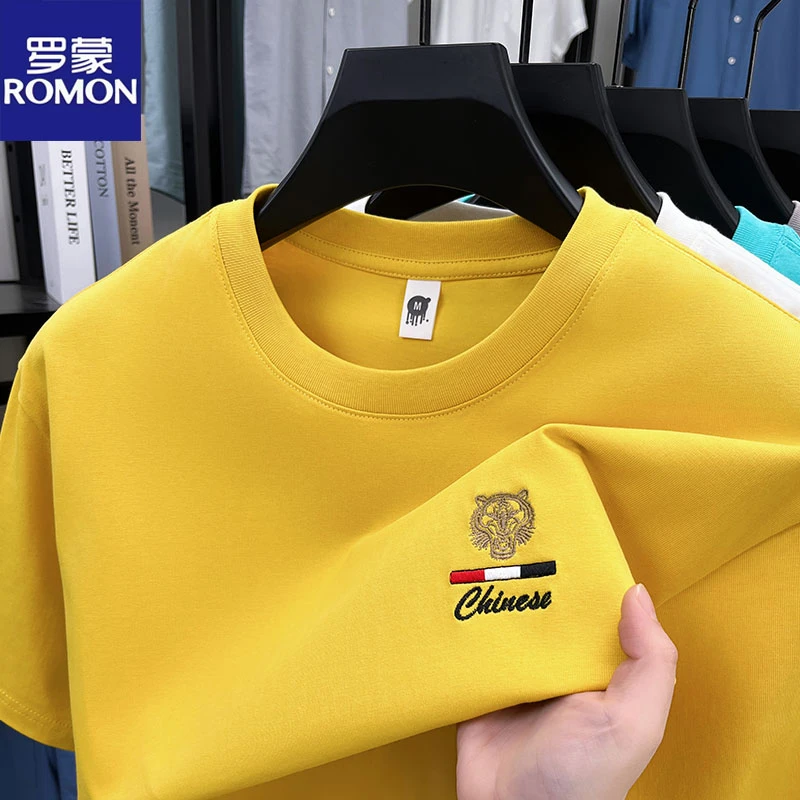罗蒙2025新款短袖T恤男士夏季时尚休闲圆领纯棉刺绣透气薄款上衣