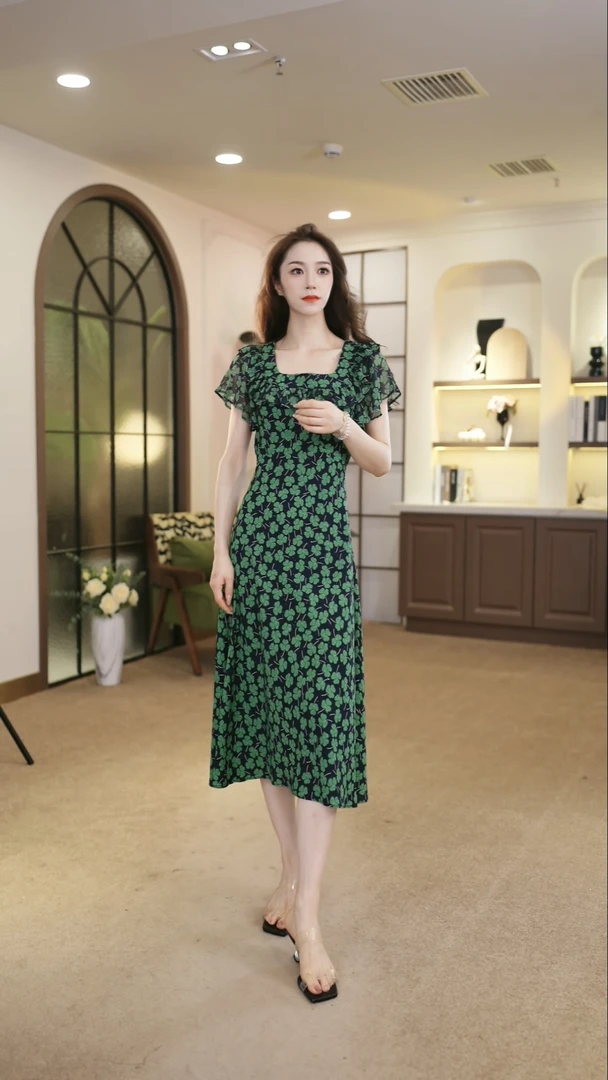 【BW】法式45°斜裁精致印花气质修身显瘦时尚设计连衣裙-25-S58