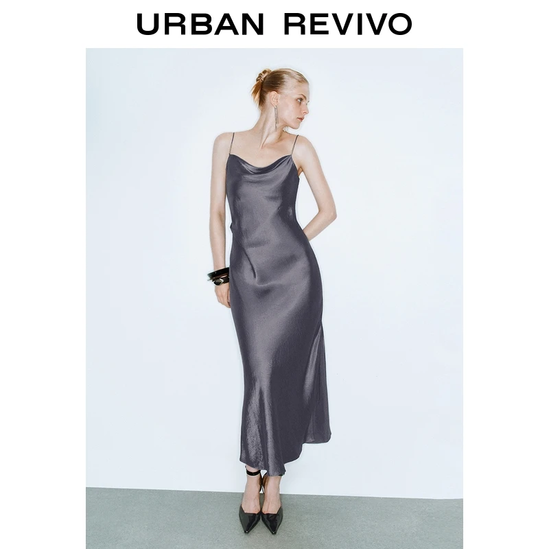 UR2025秋季新款女装简约气质垂感长裙吊带连衣裙UWJ750057