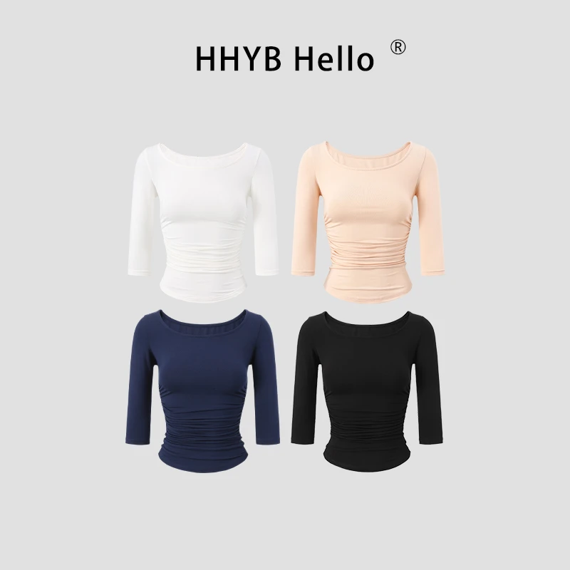 HHYB Hello纯欲U领软糯肤感料抽褶七分袖正肩T恤上衣女250812