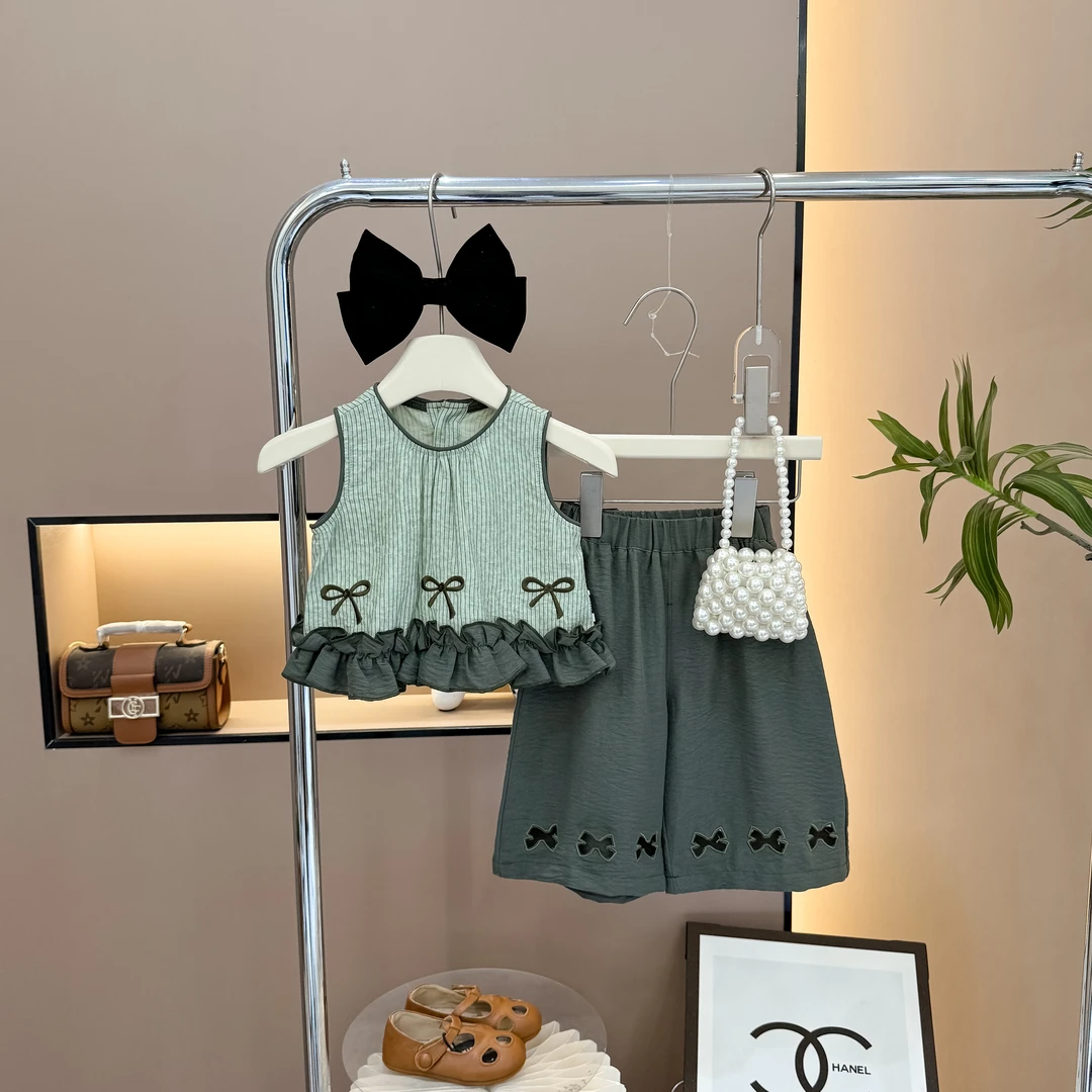 韩版女小童绿色刺绣套装洋气薄款夏季时髦百搭女宝1-8岁