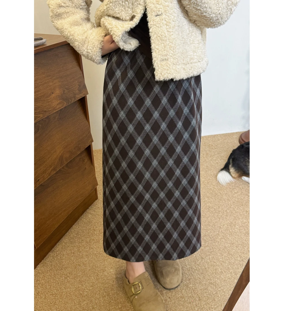 小个子女休闲格子半身裙气质时尚秋冬菱格直筒裙毛呢裙子