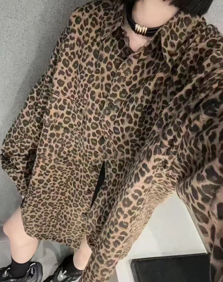 时尚豹纹衬衫女早秋新款韩版宽松显瘦翻领设计感上衣