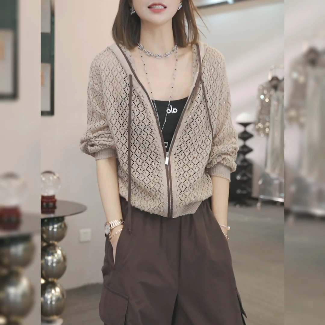 咖色镂空长袖连帽针织衫女秋季薄款开衫2025年新款韩系设计感上衣