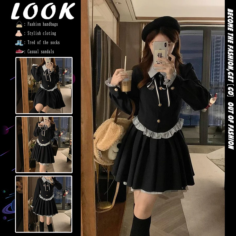2025新款纯欲甜美收腰显瘦假两件撞色拼接POLO领学院风连衣裙女