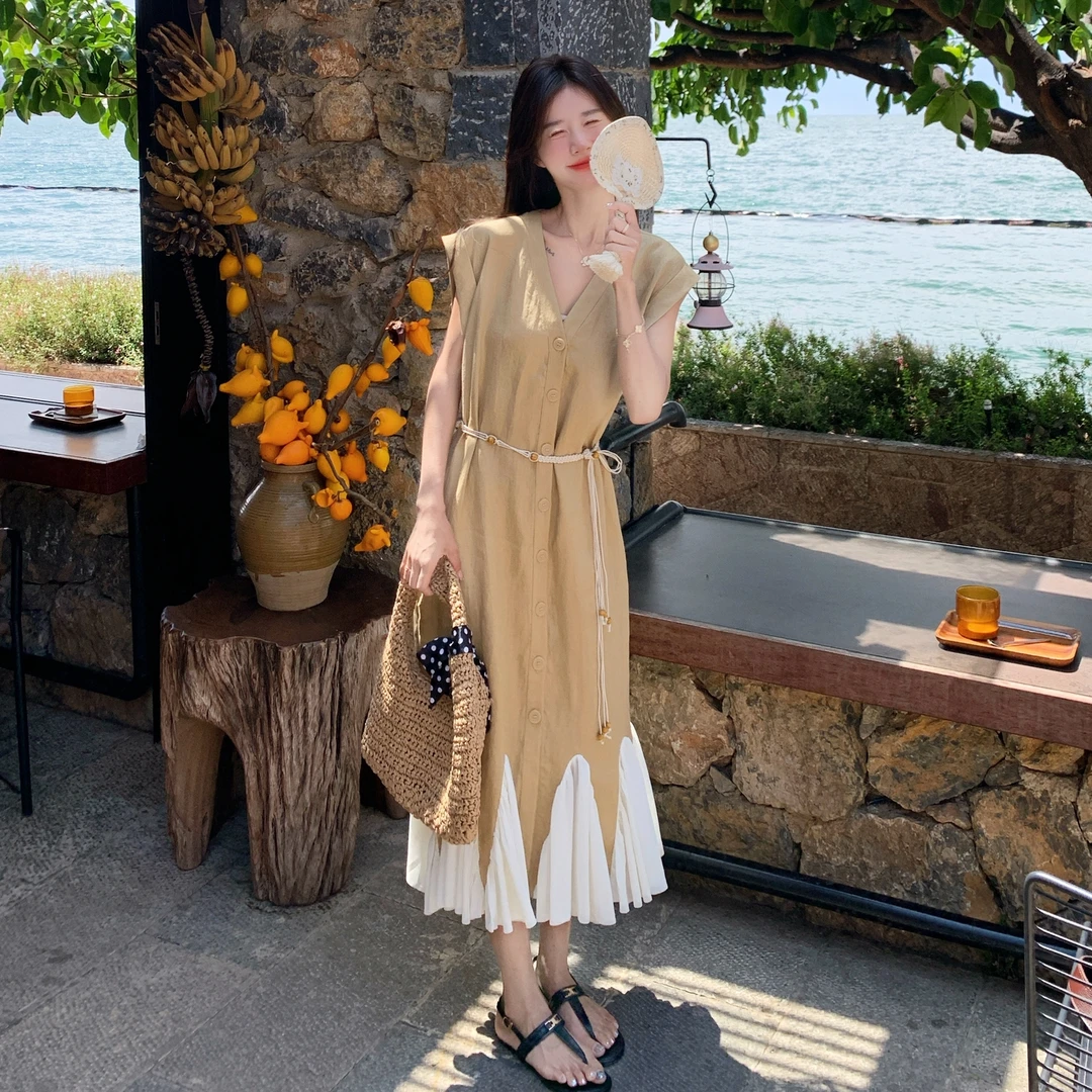 连袖2025夏季新款V领撞色荷叶摆系腰带时尚百搭女式连衣裙子复古
