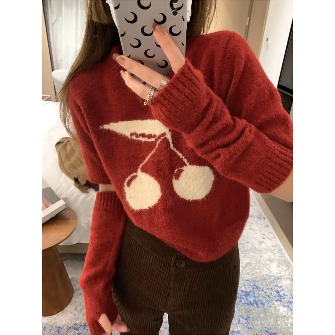 新年穿搭本年红色氛围感穿搭针织衫可拆卸袖套短款毛衣女