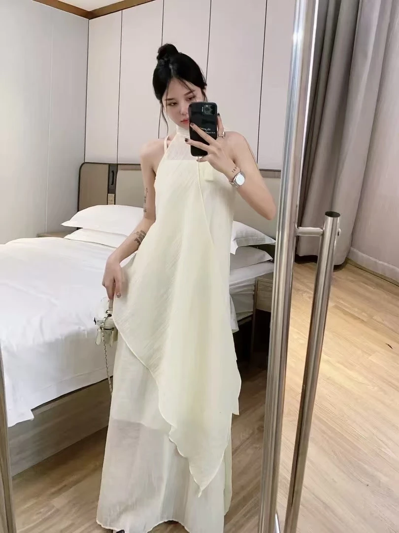 夏装新款无袖挂脖不规则长款宽松吊带连衣裙