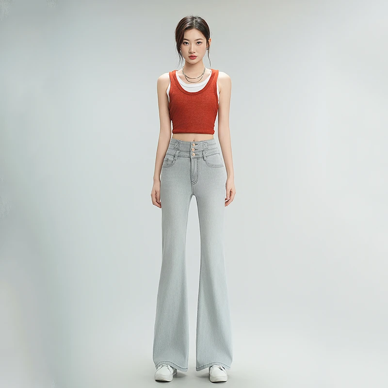 悉妍 原创三粒扣薄款高腰小微喇牛仔女裤修身显瘦休闲时尚透气859