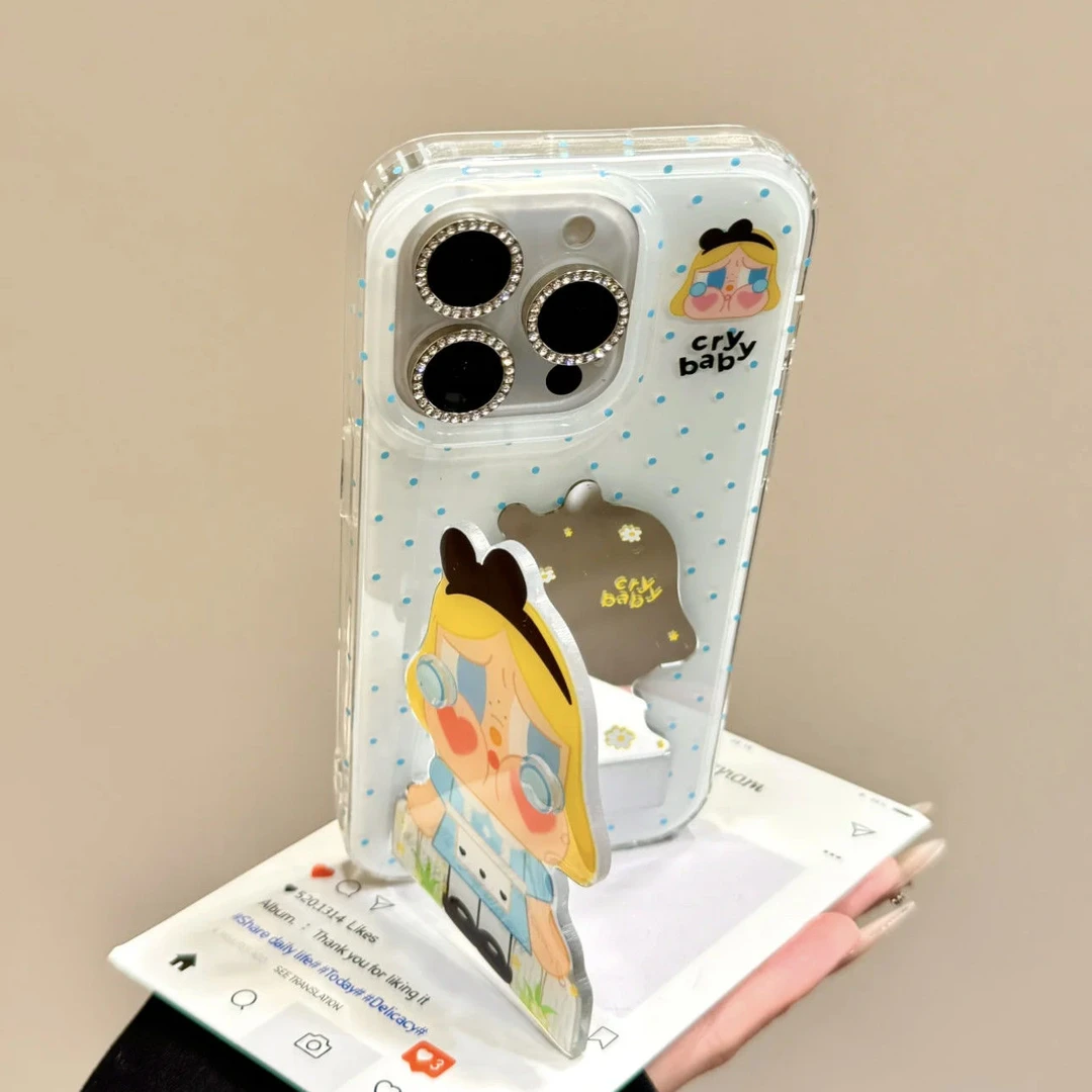 ins波点镜面哭包娃支架适用iPhone16ProMax手机壳15/14新款13防摔
