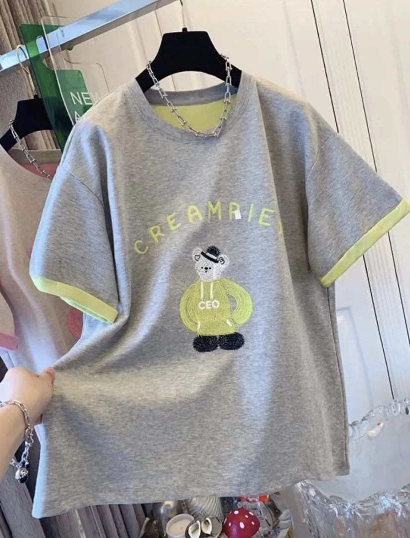 【双色刺绣】时尚潮流设计感宽松舒适刺绣卡通小熊T恤时髦短袖Y9333