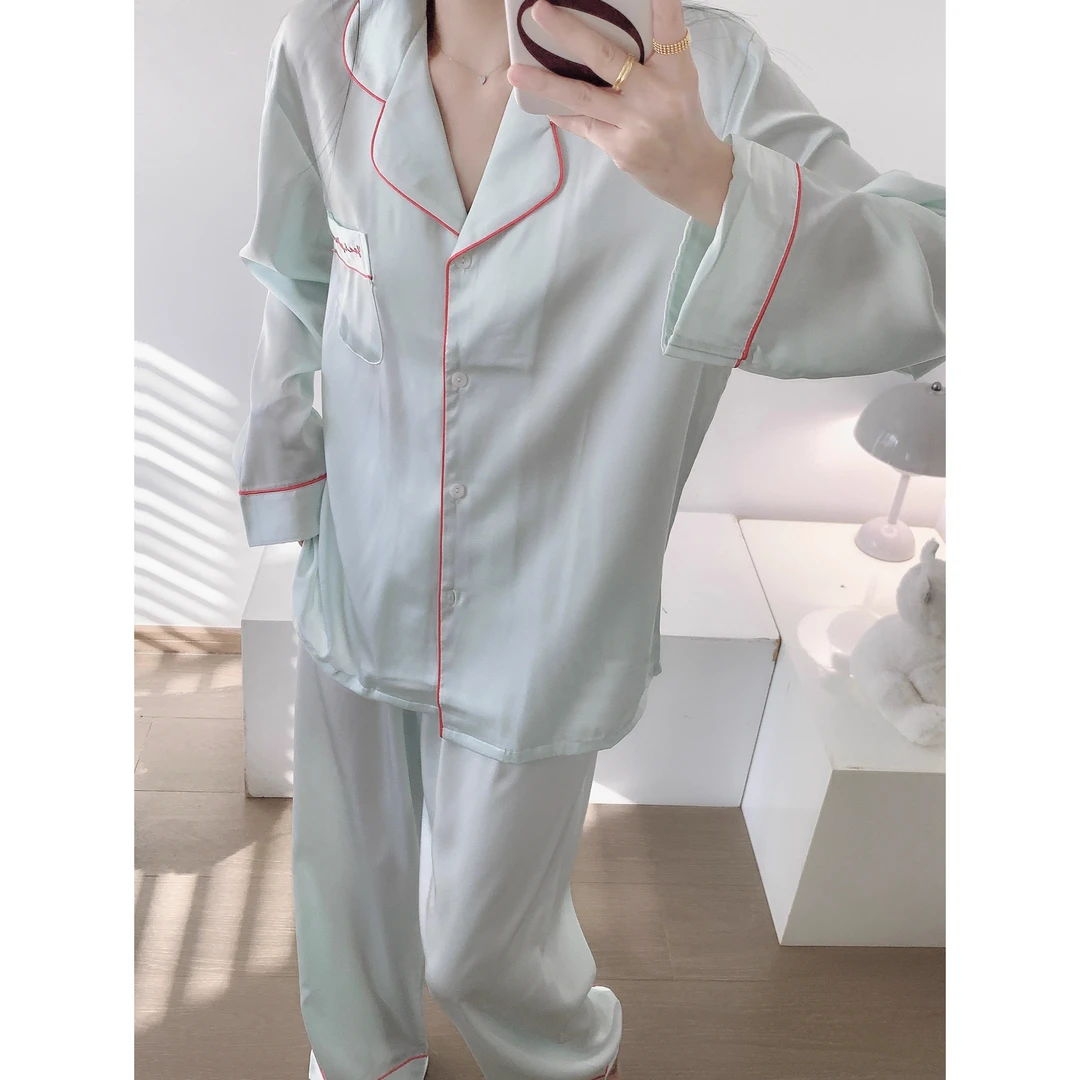 【口袋字母】韩系缎面冰丝睡衣女春夏新款轻奢长袖长裤家居服套装