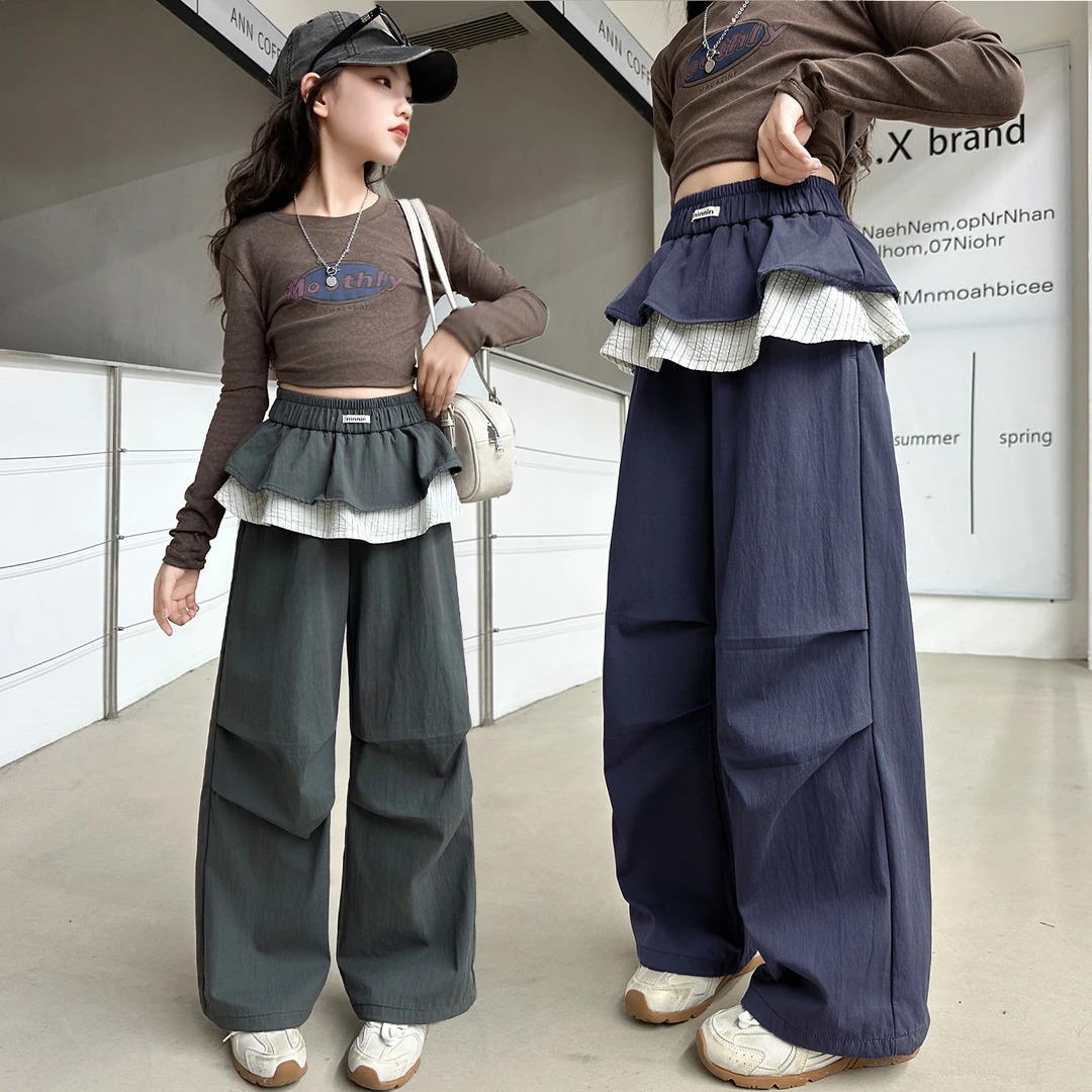 女童秋季双裙摆褶皱休闲裤6-12岁女大童新款韩版甜美运动裤女孩潮