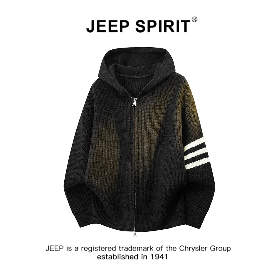 JEEPSPIRIT吉普三条杠开衫毛衣男秋冬季潮牌拉链针织衫慵懒风外套