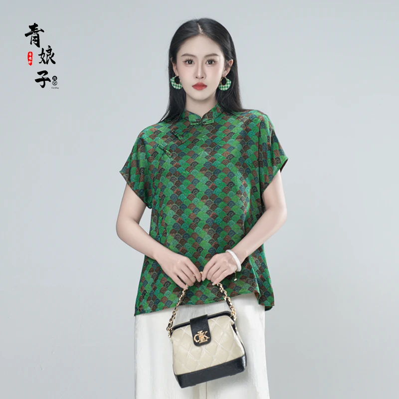 香云纱(子景)提花花萝国风旗袍领新中式修身套头短袖61142