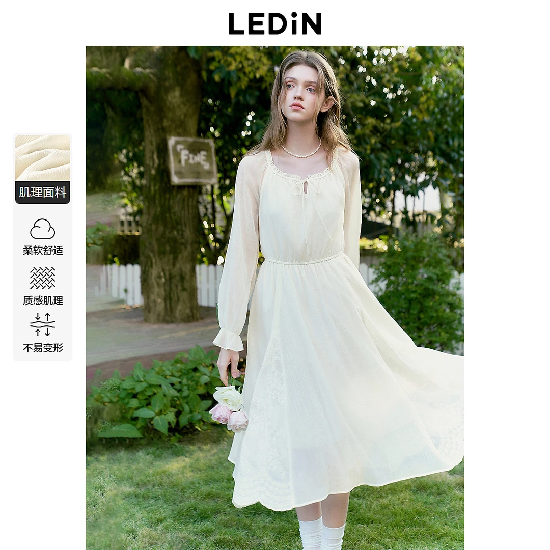 【欧若风】乐町拼接重工蕾丝长袖连衣裙女装25年春季新款松紧腰长裙