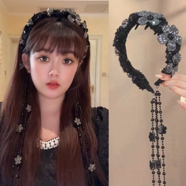 WYJ轻奢秋冬黑色复古气质百搭小香风两用可拆卸花朵发箍