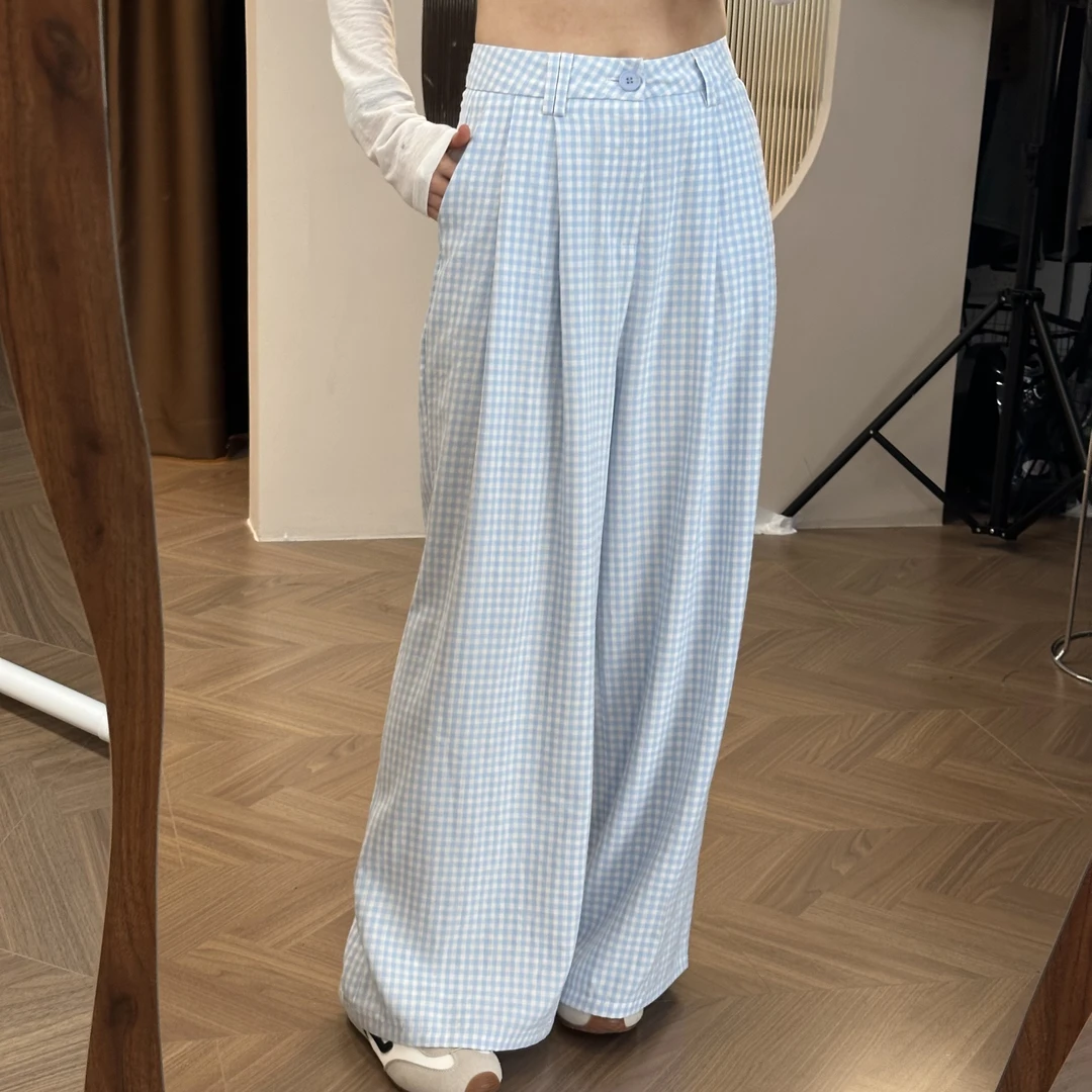 ［浅蓝格子］韩系高腰宽松阔腿垂感休闲百搭长裤格子裤  1668
