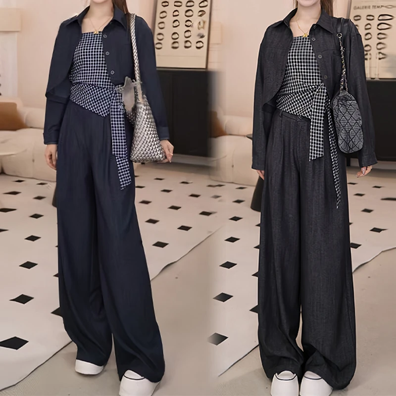 2025秋季洋气减龄高级感时尚套装女百搭衬衫格子吊带阔腿裤三件套