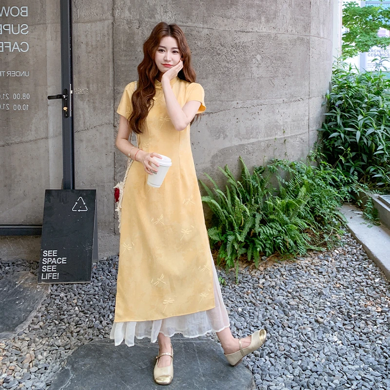 黄色提花新中式旗袍连衣裙女2025夏季新款优雅高级感气质国风长裙