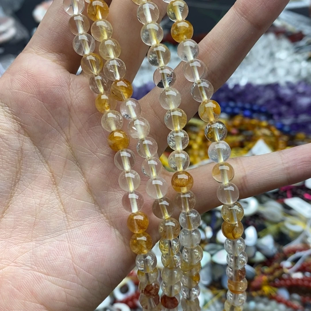 玛瑙/玉髓未镶嵌珠宝半成品一条纯天然3A黄胶花水晶圆珠6mm