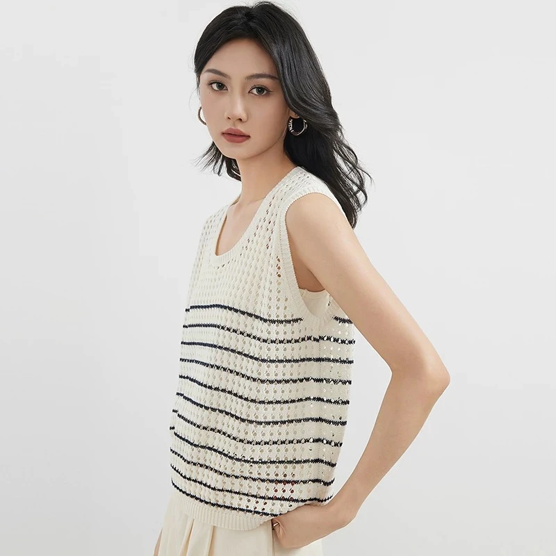 AIKE 女装2025夏季新款镂空条纹针织U领宽松套头女T恤YA25213R502