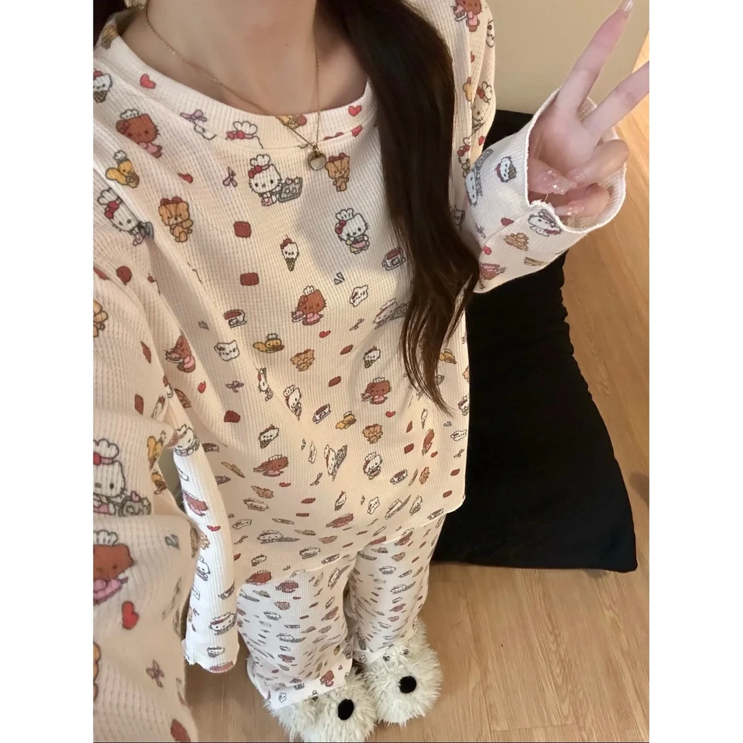 韩系卡通奶油kitty螺纹棉睡衣女春秋2025新款长袖大码家居服套装