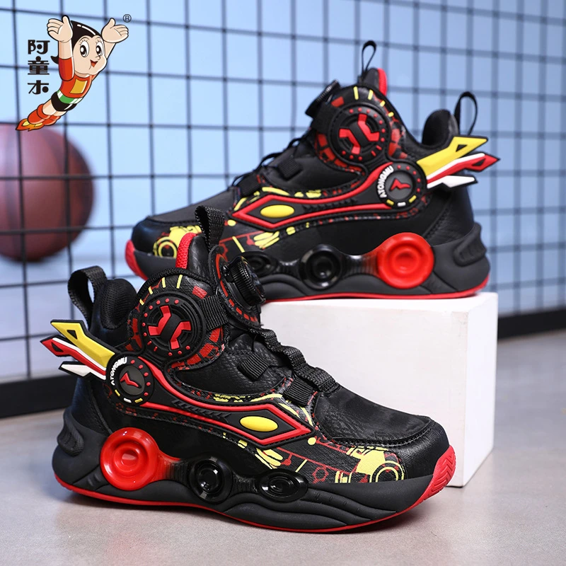 儿童篮球鞋皮面青少年纽扣运动鞋摩擦有声音阿童木加绒棉鞋跑步鞋