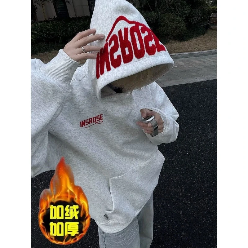 苛鱼美式高街毛巾刺绣加绒连帽卫衣男秋冬情侣装宽松百搭帽衫外套