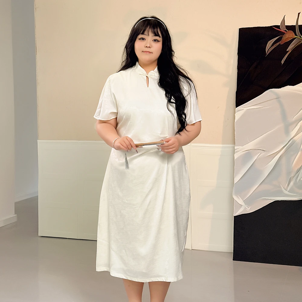大码女装300斤胖MM时尚新中式气质显瘦缎面提花旗袍连衣裙8580#