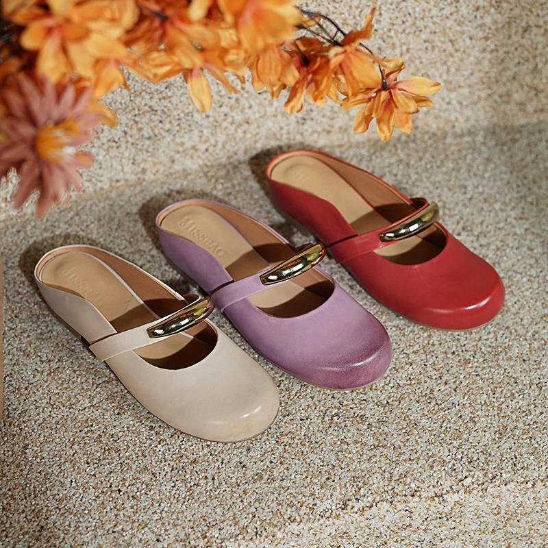 3cm/牛皮/真皮内增高皮拖鞋女新款圆头穆勒鞋一字带懒人凉拖女