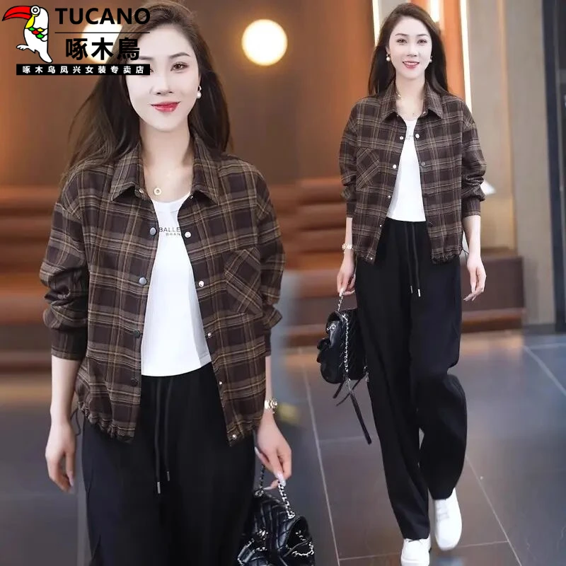 新款流行宽松格子短款夹克女春秋装轻熟风棒球服啄木鸟2025爆款时