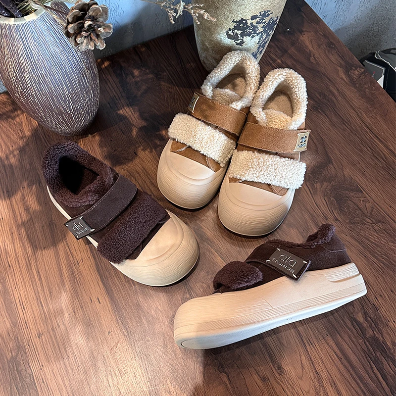 【增高4CM】真皮毛毛加绒板鞋女冬季新款厚底棉鞋保暖百搭魔术贴
