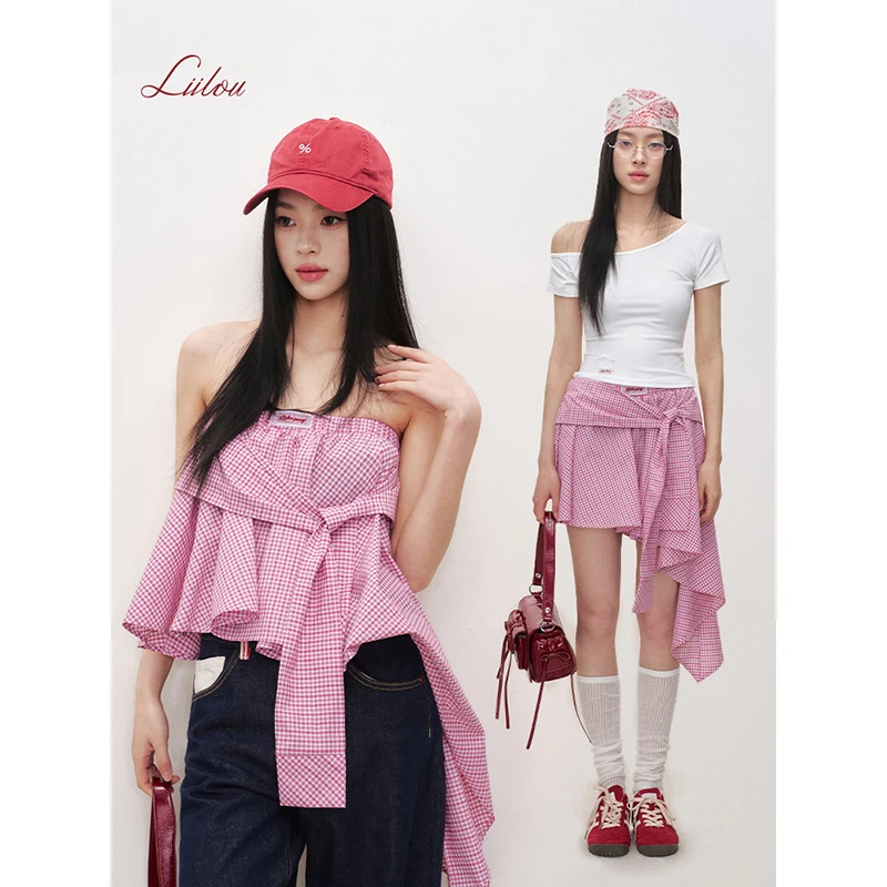 Liilou 25ss 松弛感 不规则裙摆 红格袖子绑带半裙