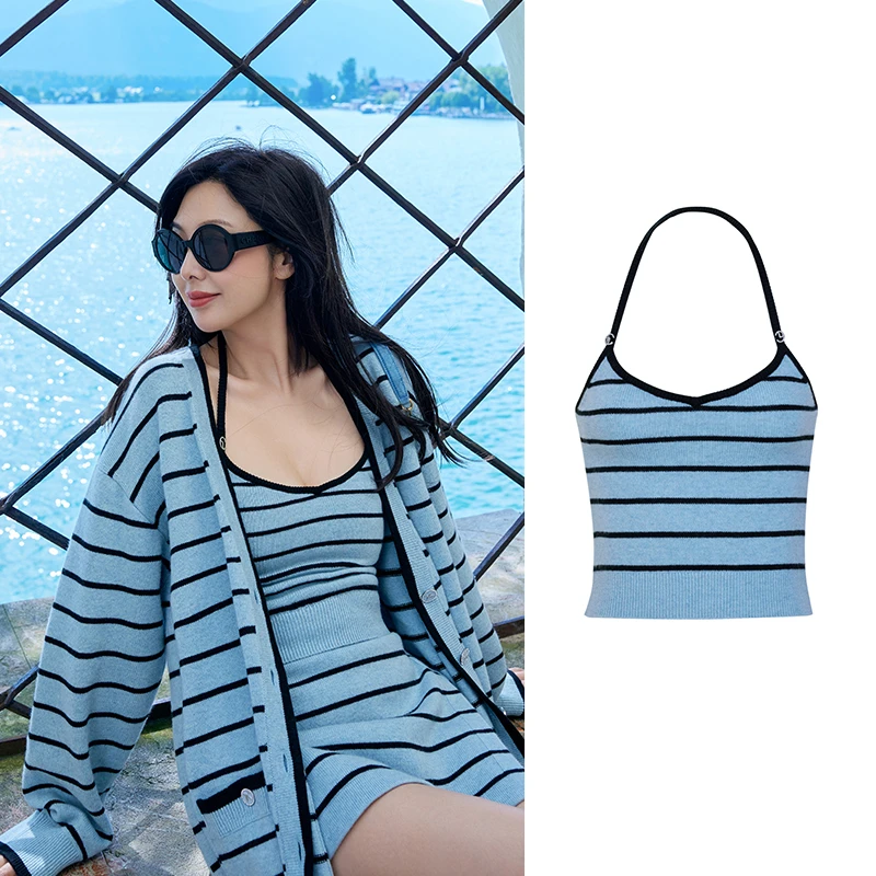 TRACY CHU lp原绒cashmere雾蓝条纹挂脖背心jennie同款慵懒松弛感