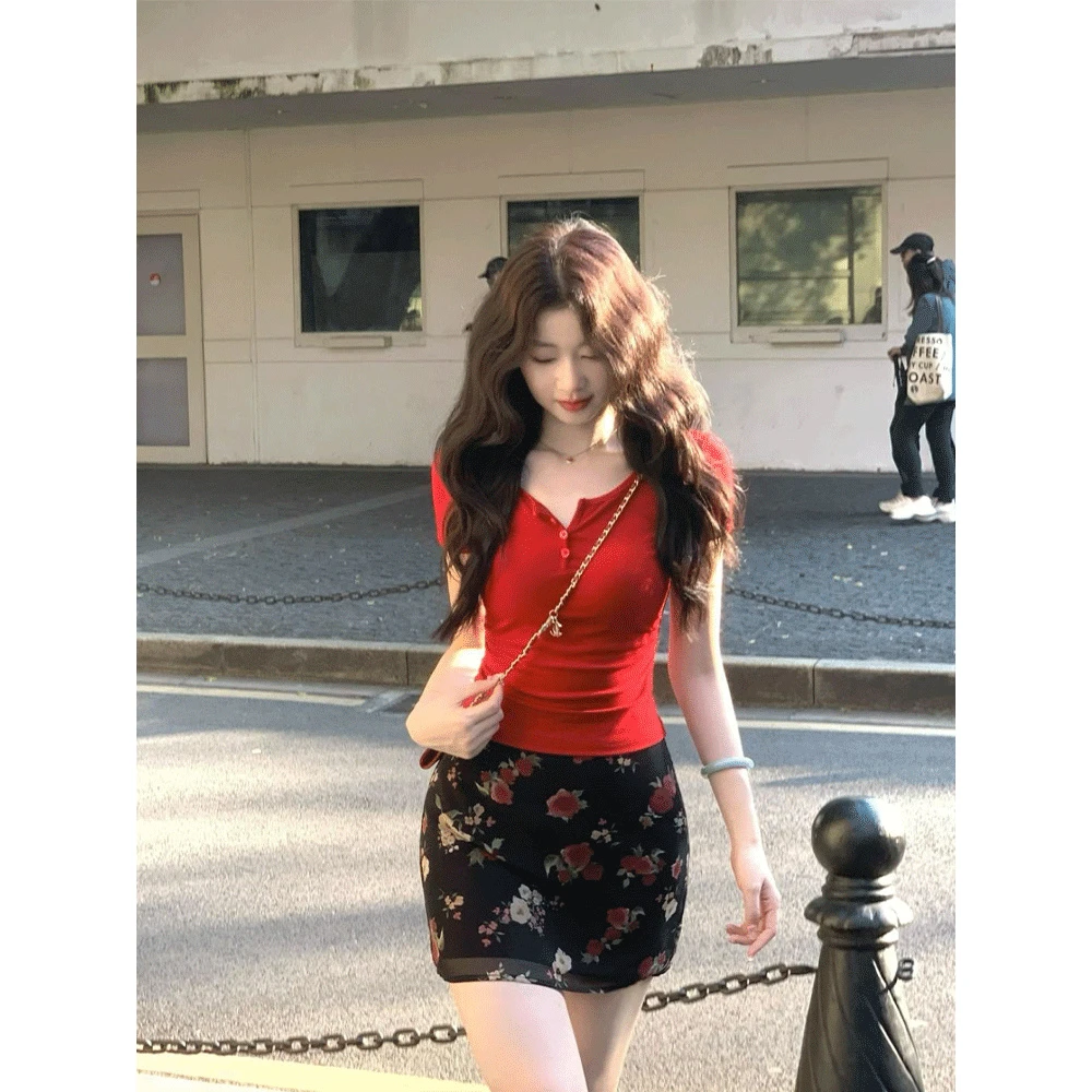 韩系甜美风半开领短袖t恤女夏季新款纯欲气质修身显瘦百搭上衣潮