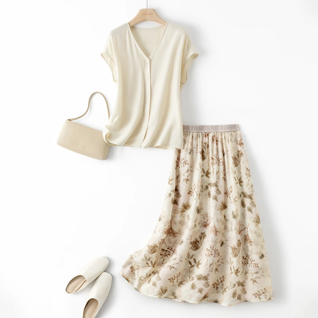 IHIMI/海谧2025年夏季新款女装简约时尚V领衬衫印花伞裙两件套装