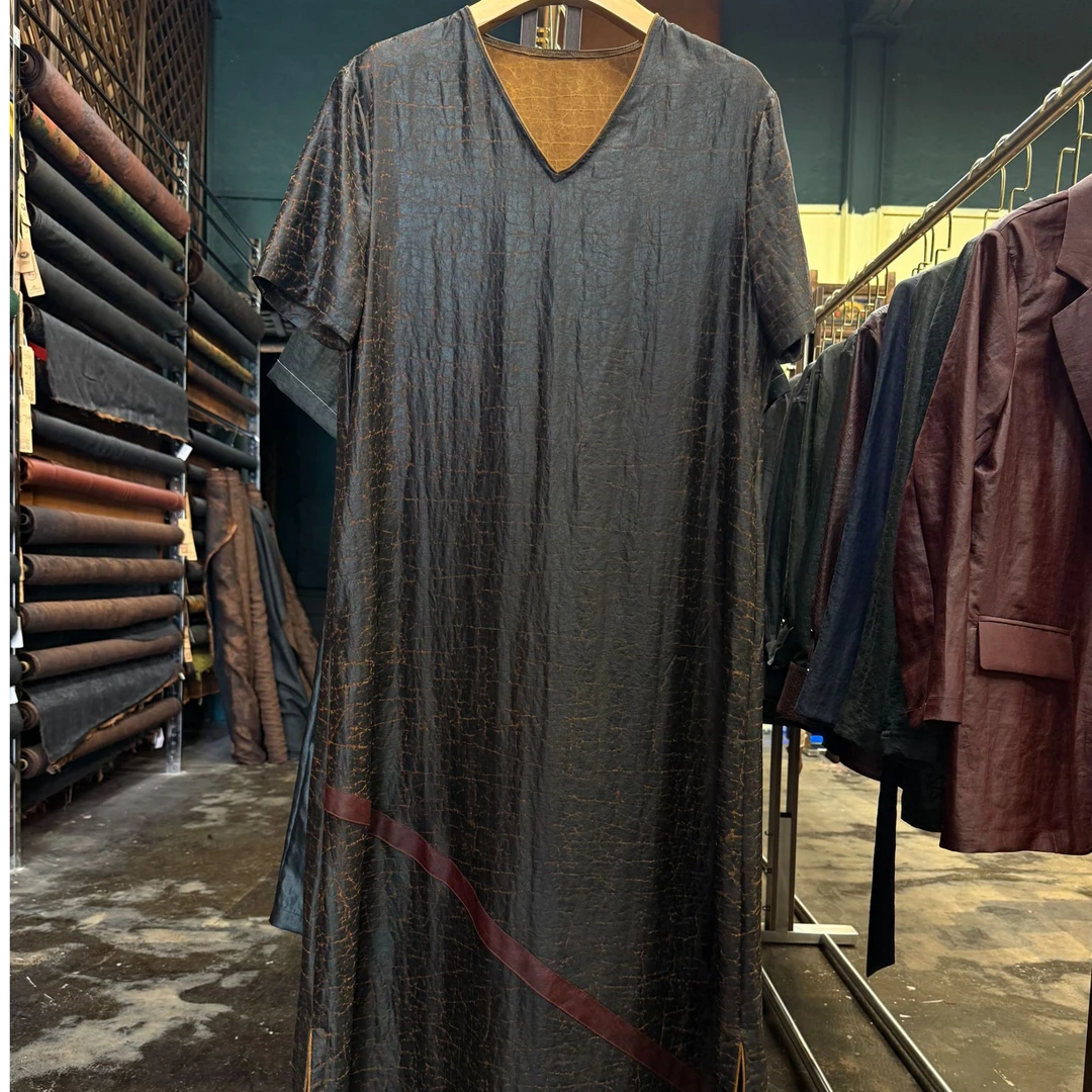 艾可原创 连衣裙 电力纺龟裂纹香云纱 拼接红云纱 长120起