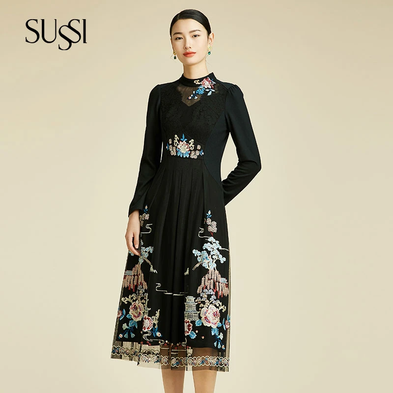 SUSSI/古色冬季新品商场同款黑色网纱刺绣立领中长款礼服