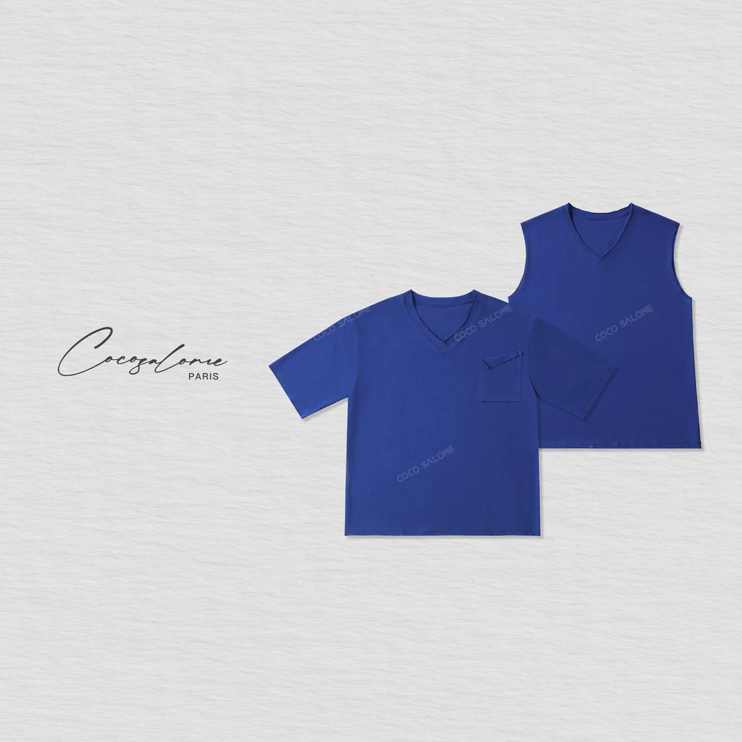 韩彬彬"蓝色宇宙"棉索罗娜三合一混纺夏季简约上衣T恤+背心202A-3