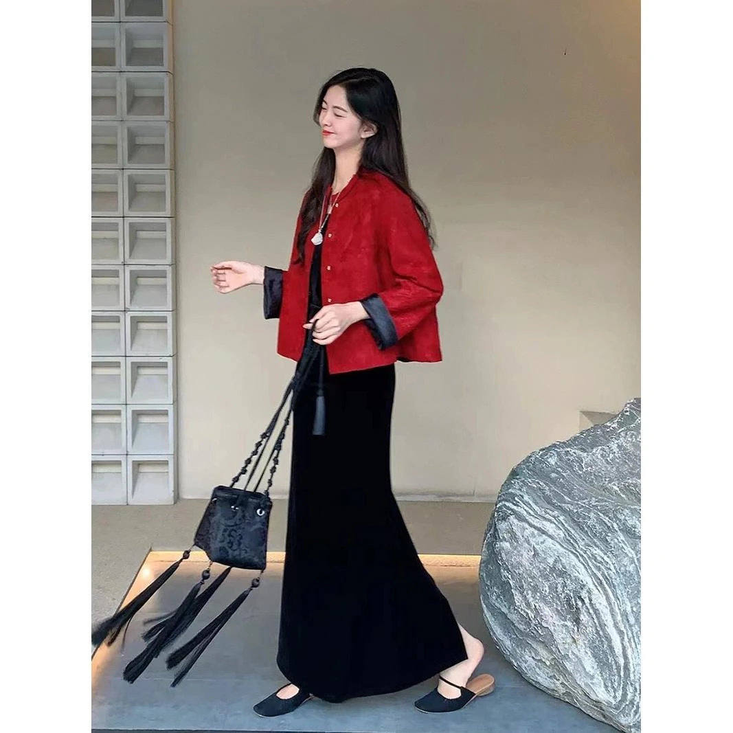 新中式国风套装裙唐装红色外套吊带裙新年过年拜年服两件套女春季