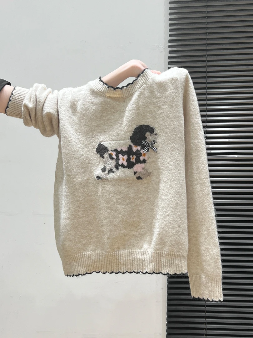 韩系刺绣小狗花边针织毛衣外套长袖秋冬新款加厚打底衫内搭上衣女