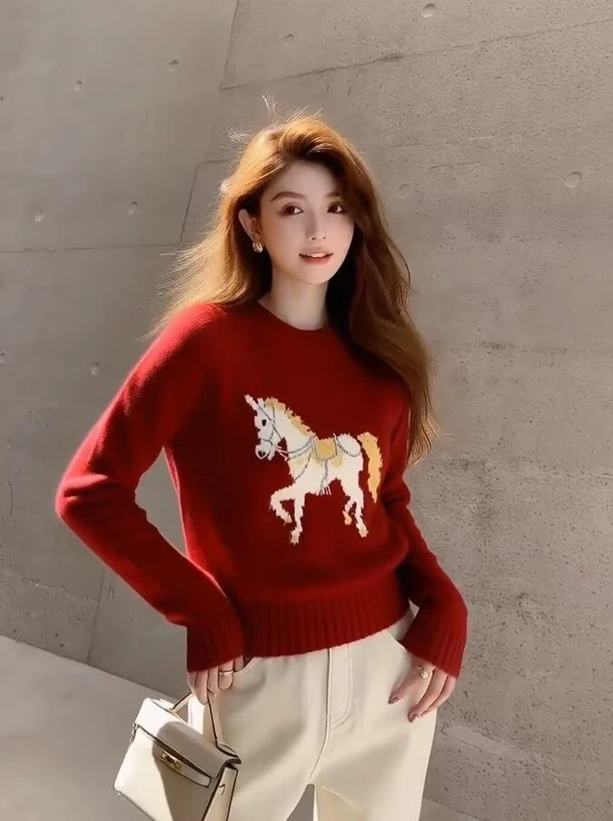职业阿玛诗官2025秋冬季新款白马印花软糯针织衫毛衣女款穿搭上衣