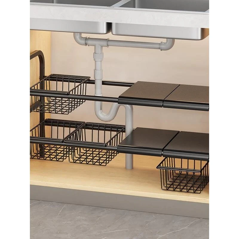 厨房下水槽置物架橱柜内分层架家用多功能可伸缩伸缩下水槽置物架