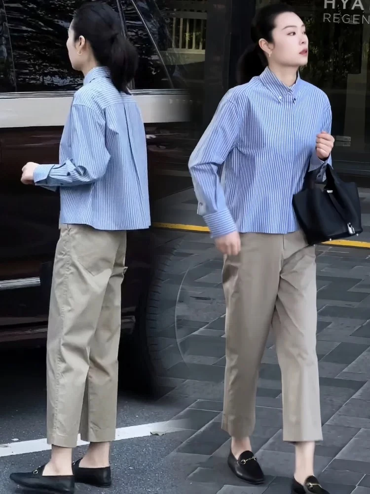 法式时尚职业套装女士春夏季新款条纹衬衣休闲裤子减龄穿搭两件套